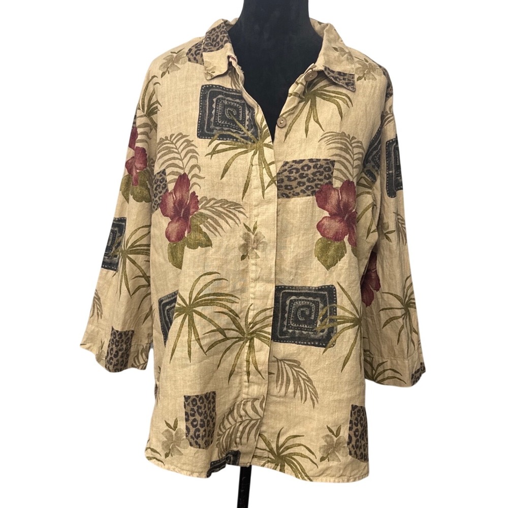 Vintage Hot Cotton 100% Linen Tropical Floral Palm Resort Shirt 3/4 Sleeve L USA